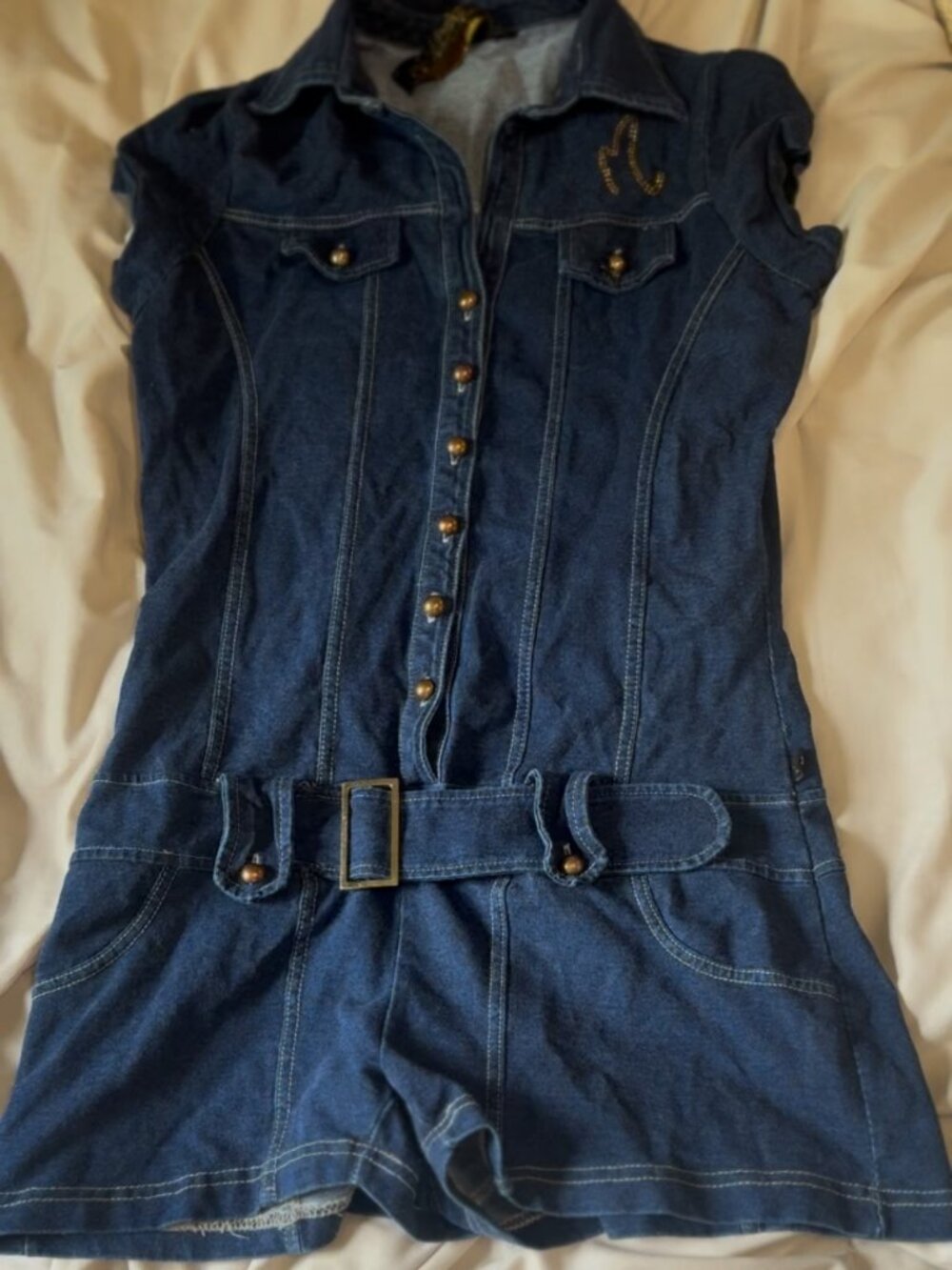 Vintage Y2K Mecca USA Denim Romper Rhinestone Logo Belted Shorts Jumpsuit